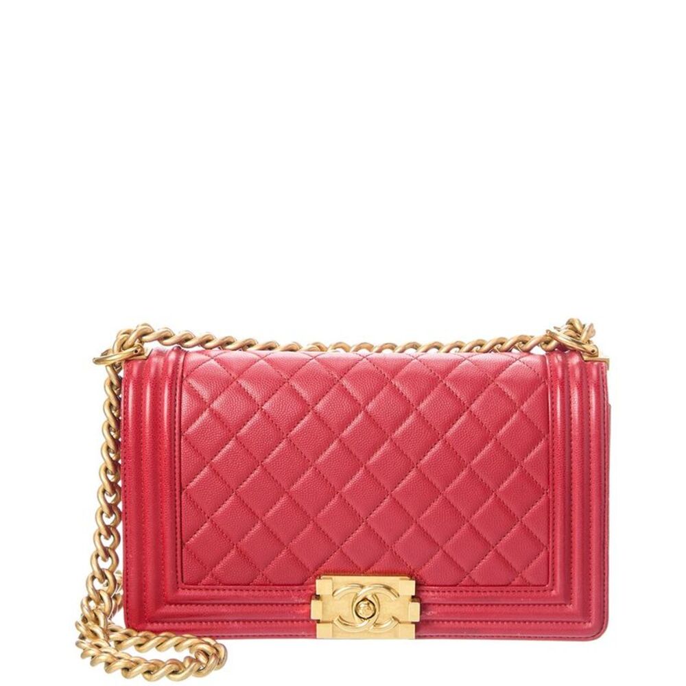 Chanel Red Quilted Leather Boy 25 Gold Triangle Shoulder Bag (Authentic